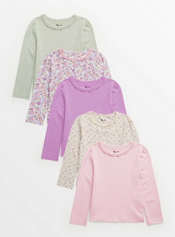 Pink Floral Broderie Detail Tops 5 Pack 2-3 years